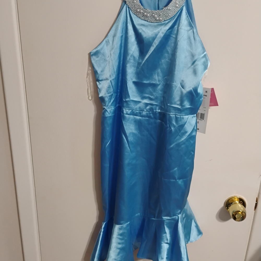 Rare Editions Light Blue Satin Girl's Formal Dress with Beaded Neckline